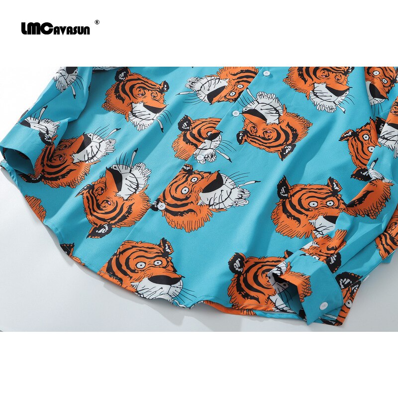 Lmcavasun lente en herfst harajuku stijl tijgerprint shirt met lange mouwen losse plus size hawaiiaanse shirts voor mannen en vrouwen