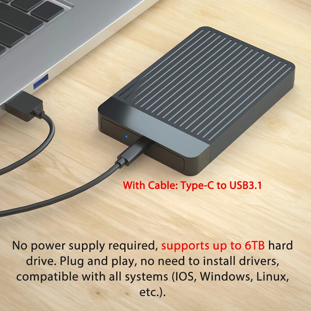 2,5 HDD/SSD-Gehäuse SATA auf USB 3.1/3.0 Adaptergehäuse 6 Gbit/s HD Externe Festplattengehäuse Box für Festplatte HDD Typ USB-C-Gehäuse