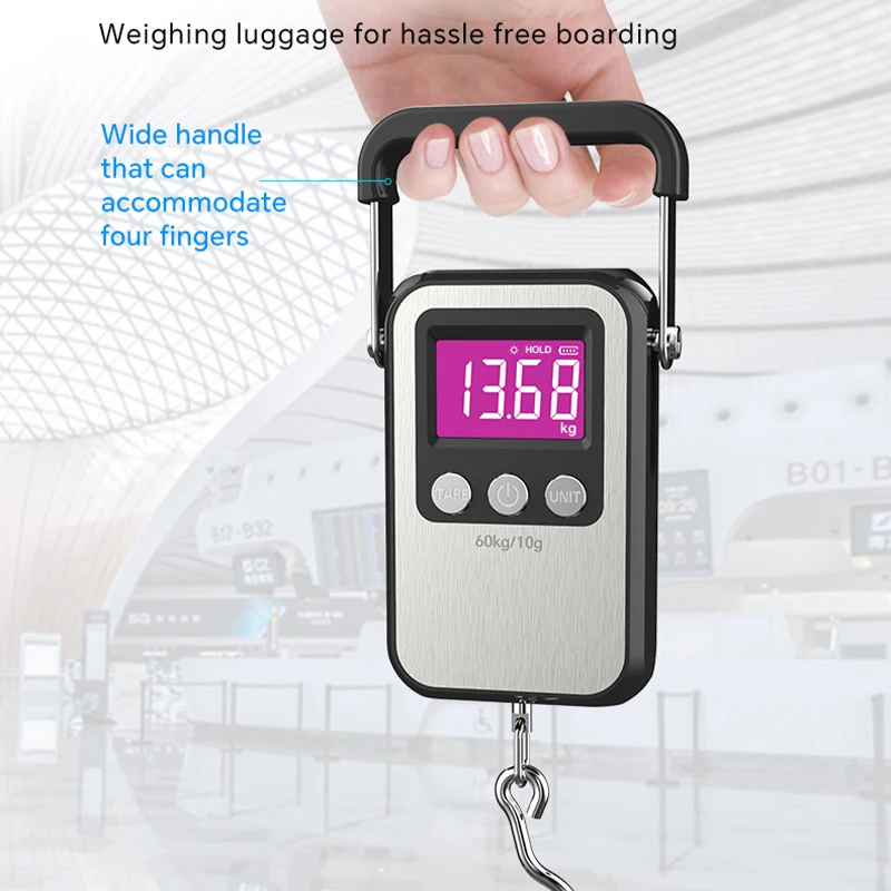 Báscula Digital con gancho para colgar, báscula portátil para equipaje con batería/carga USB, herramientas de pesaje con gancho para colgar, 60kg/10g