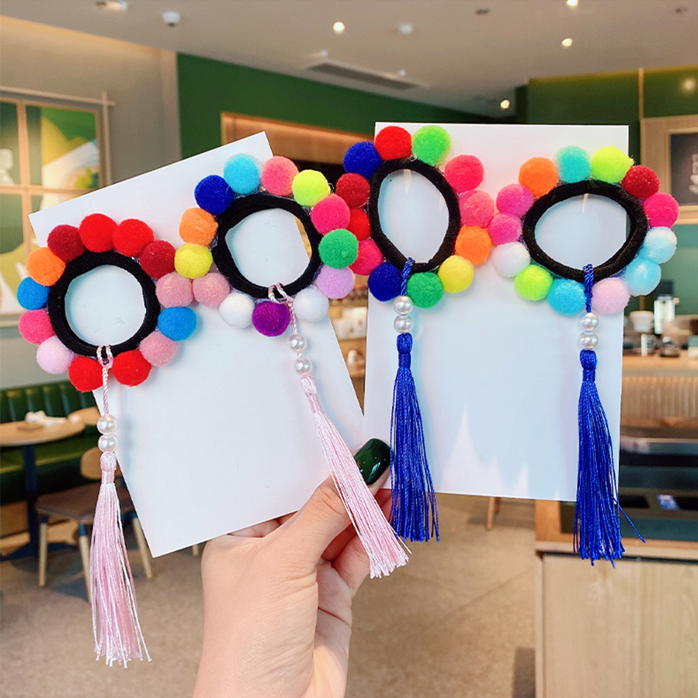 2Pcs Pompom Balls Tassel Elastic Hair Bands for Girls Ponytail Holder Scrunchies Baby Kids Elastic Rubber Band Hair Accessories