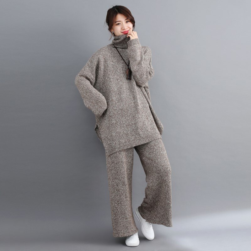 Plus Size Women 2 Pieces Pant Sets Casual Turtleneck Knitted Sweaters Pullovers And Wide Leg Pant Suits