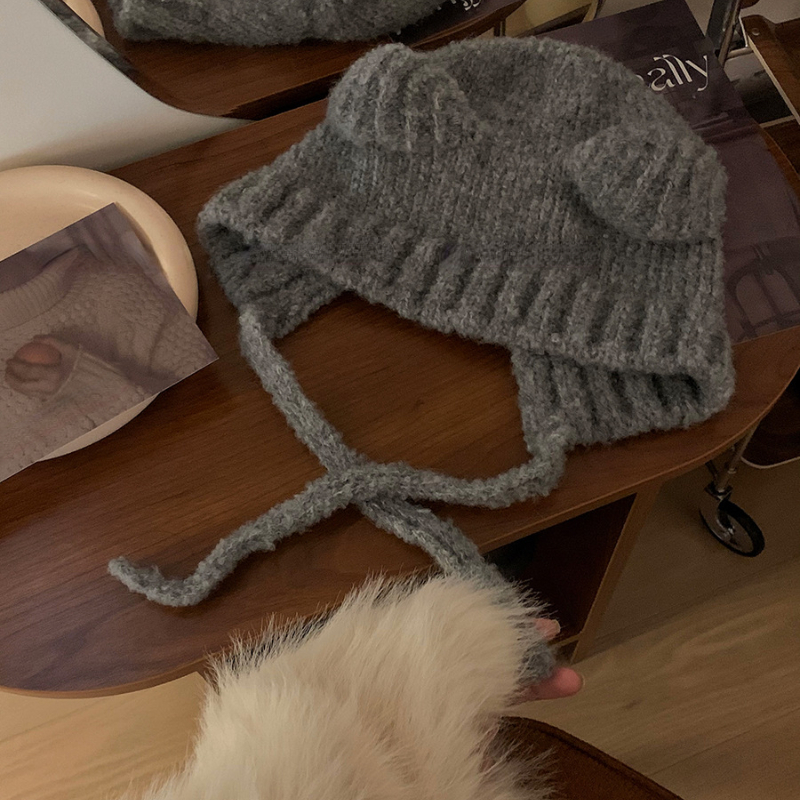Japanse Kawaii Vrouwen Hoeden Schattige Beer Oren Pluche Mutsen Herfst En Winter Warm Gehoorbescherming Gebreide Touw Bommenwerper Hoed: Army Green