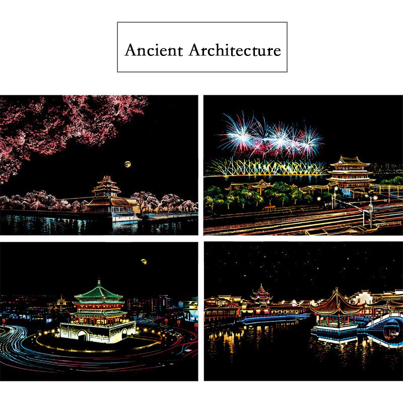 4 Pcs 29.5*21.5 cm A4 Magic Scratch Painting DIY manual Famous City Building Night View Scraping Paiting Drawing Toys For Kids: Ancient Architecture