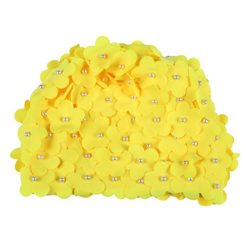 Handgemaakte zwemsportmuts dames parel gestikte bloemen bloemen elastische ademende strandmuts badmuts sportkleding lang haar: Geel