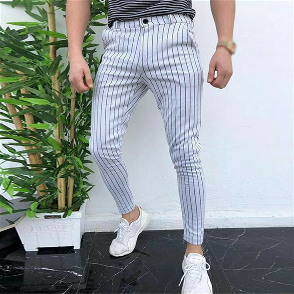 pantalones de rayas de para hombre pantalones de vestir ajustados informales de negocios pantalones largos de lápiz de botón para hombre S-2XL: Blanco / S