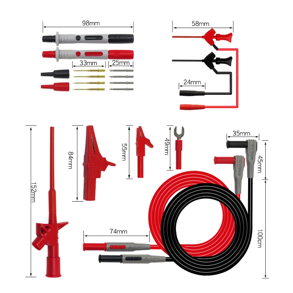 P1300E Vervangbare Multimeter Probe Kits 0.16 ''Banana Plug Alligator Clip Stok Rood En Zwart