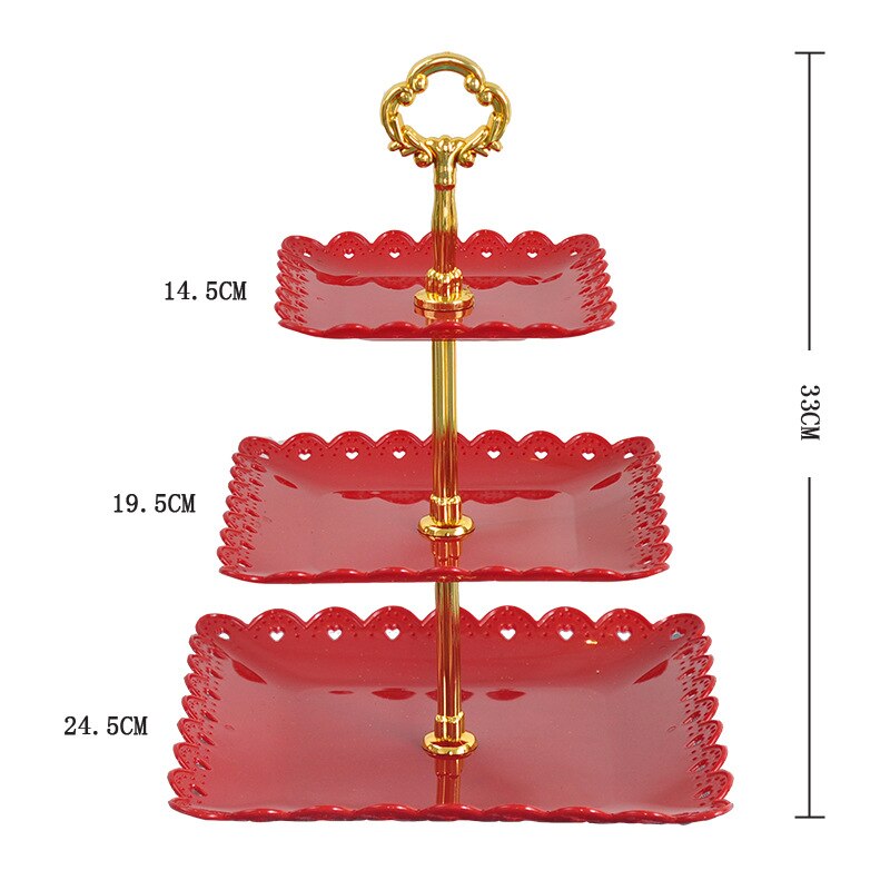 Three-layer Fruit Cake Plate Stand Party Dessert Pastry Storage Rack Holder Tray: Red