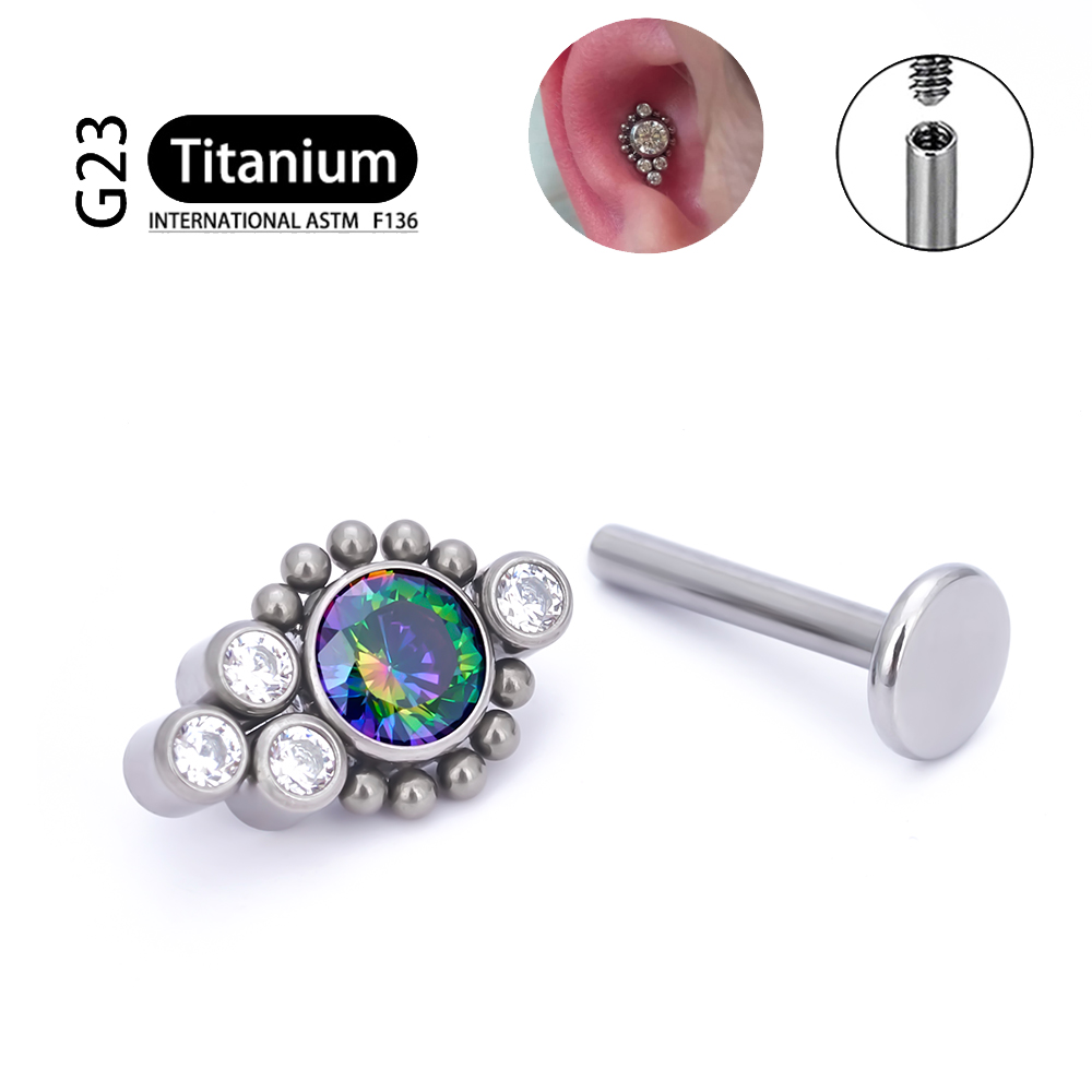 G23 titanio ASTM F136 cartílago pendientes circón ópalo ágata Labret labio Tragus de Navidad joyería Piercing para mujeres: Verde / PLATEADO