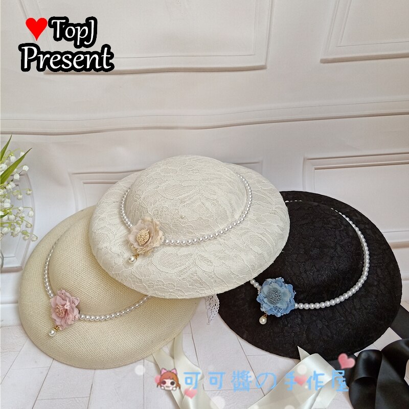 Lolita Hanyang eclectic hat retro linen flat hatGorgeous Hand made hat Ming Hanfu pearl bandage