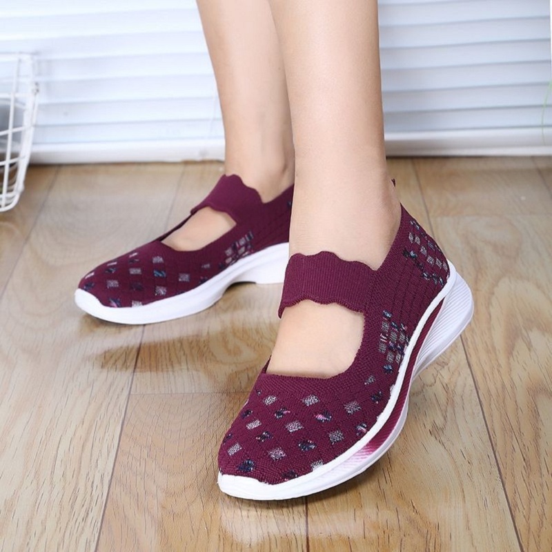 Moda antiderrapante sapatos de avó para mulher confortável verão malha mary jane sapatos mom plus size 41 cunhas femininas apartamentos mocassins: Bege / 6
