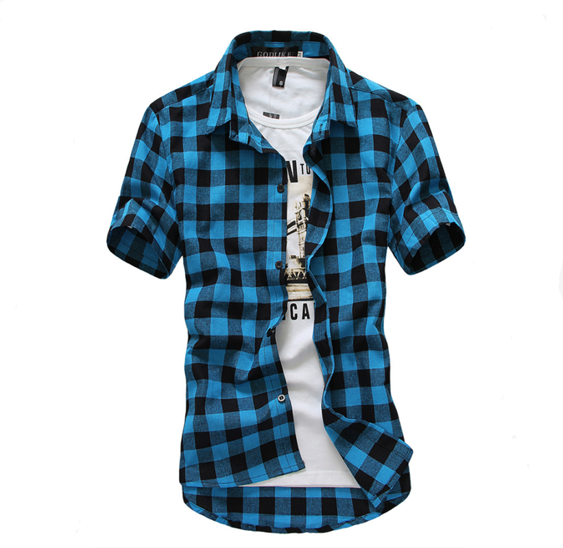 Koreaanse heren geruite overhemd zomer casual korte mouwen katoenen herenoverhemden kleding  y2062: Blauw / M