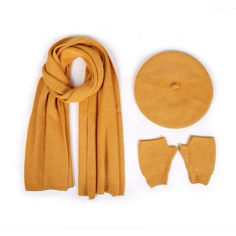 USPOP – ensemble de gants et écharpe en cachemire pour femmes, couleur unie, 3 pièces, hiver: YELLOW