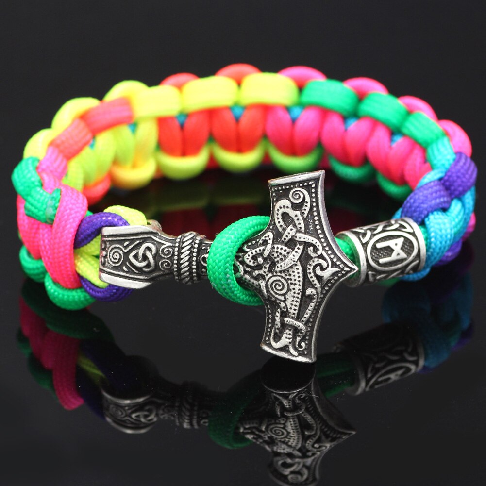 Youe Glänzte Nordischen Viking Thor Mjolnir Hammer Paracord Amuletceltic Rune Knoten Amulett Skandinavischen Licht Regenbogen Armband: K