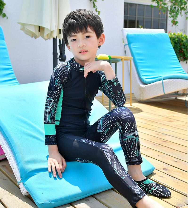 Baby dreng langærmet front lynlås rashguard til børn uv solbeskyttelse badetrøje+bukser børn surf rash guard badedragt: M