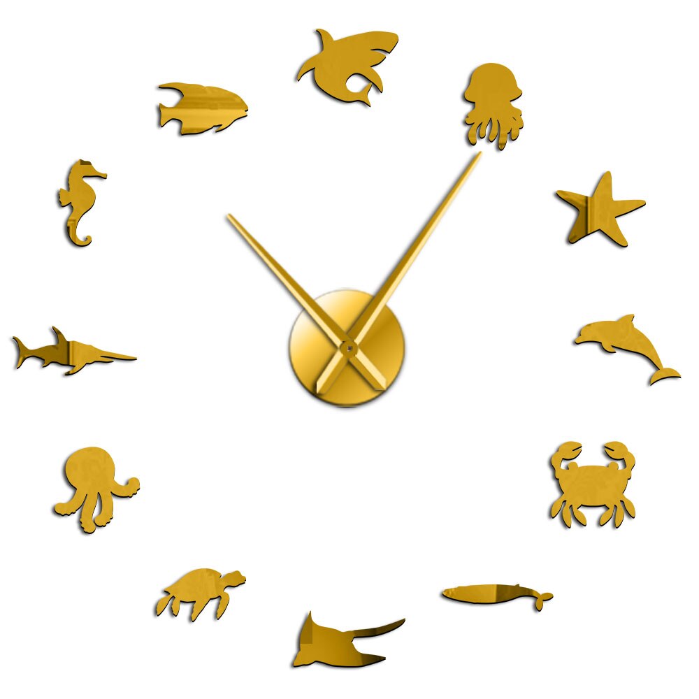 Reloj de pared de animales acuáticos para decoración de habitación de niños, pegatinas de espejo acrílico 3D DIY, mecanismo de cuarzo, vida marina, dormitorio: Gold / 12  inch