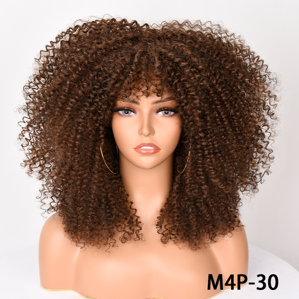 Pelucas rubias de pelo corto para mujeres negras, Afro, rizado, flequillo, Cosplay, Lolita, sintético, Marrón Natural, mezclado: T27 / 30 / 4