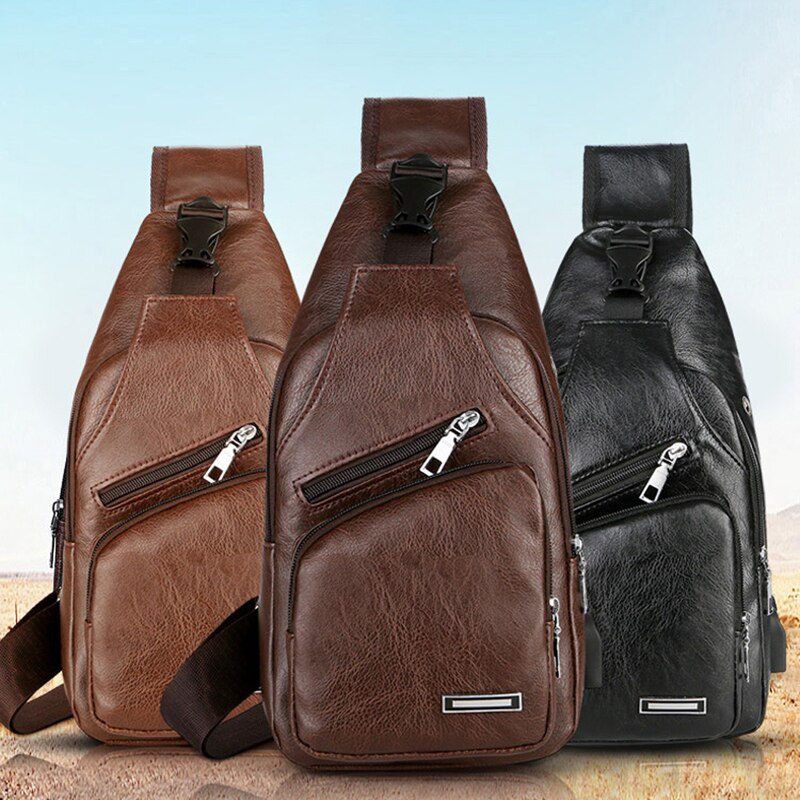 Bolsos de hombro para hombres nueva de Color sólido Casual hombro pecho bolsa de Estuche de transporte de carga USB