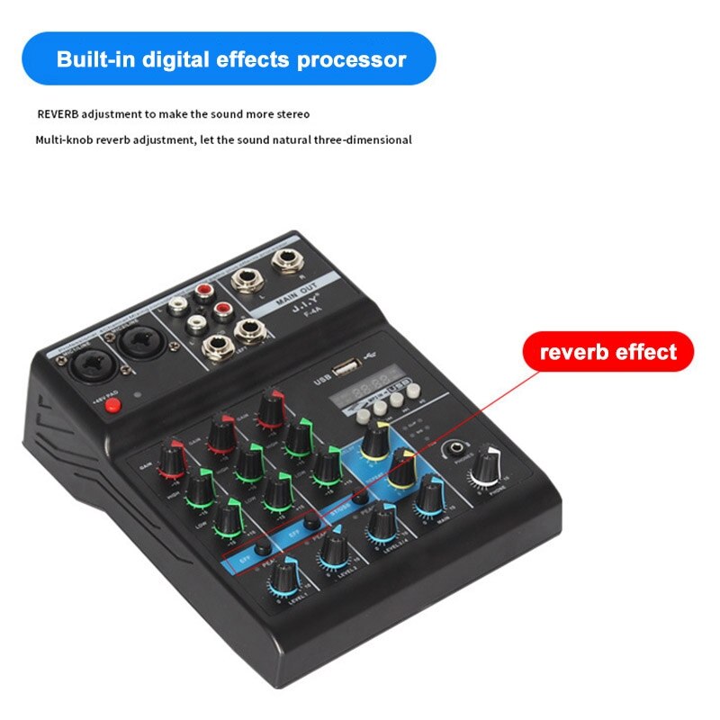 4 Channel Bluetooth Mixer o Mixing DJ Console with Reverb Effect for Home Karaoke USB Live Stage KTV