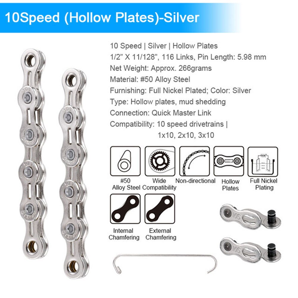 Road Bike MTB Bicycle Chain 8/ 9/10 /11 Speed Hollow Ultra Light Chain Bicycle General Chain Variable Speed Half Hollow Chains: 10 speed
