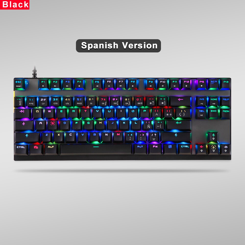 Oryginalna mechaniczna klawiatura gamingowa Motospeed CK82 USB przewodowa 87 klawiszy z podświetleniem RGB czerwony/niebieski przełącznik dla komputer stancjonarny Gamer: Black Spanish / Czerwony Przełącznik