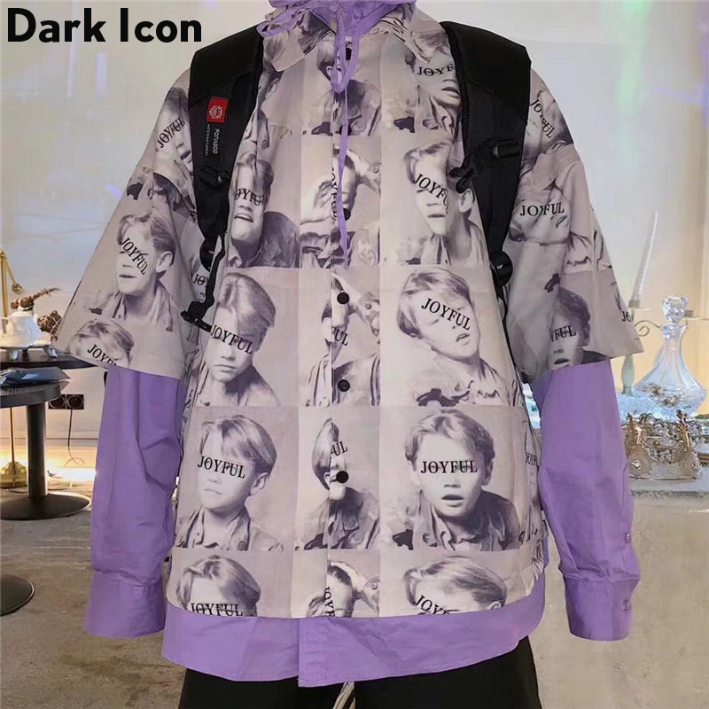 Mørkt ikon fuldtrykt street skjorter mænd sommer kortærmede herre skjorter oversized skjorter mænd streetwear tøj