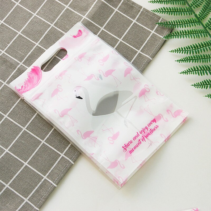 5 stk / sett flamingo mønster cookie sukkertøy poser plast glidelås pakking bag xmax bryllupsfest posere tilbehør: Rosa