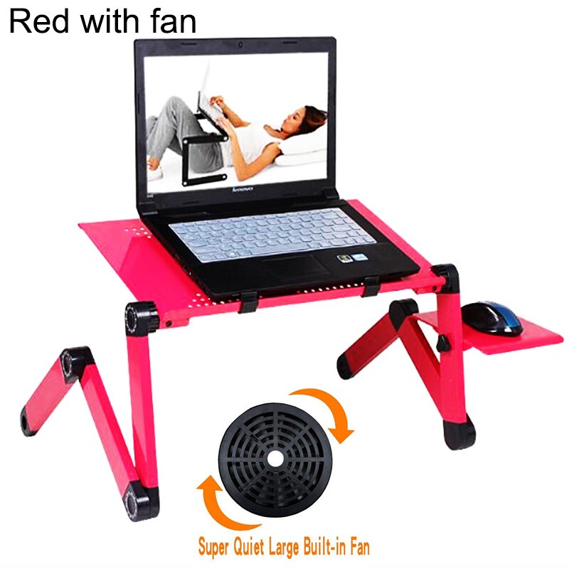 Adjustable Aluminum Laptop Desk Ergonomic Computer Desk Portable TV Bed Desk Tray: Red with One Fan