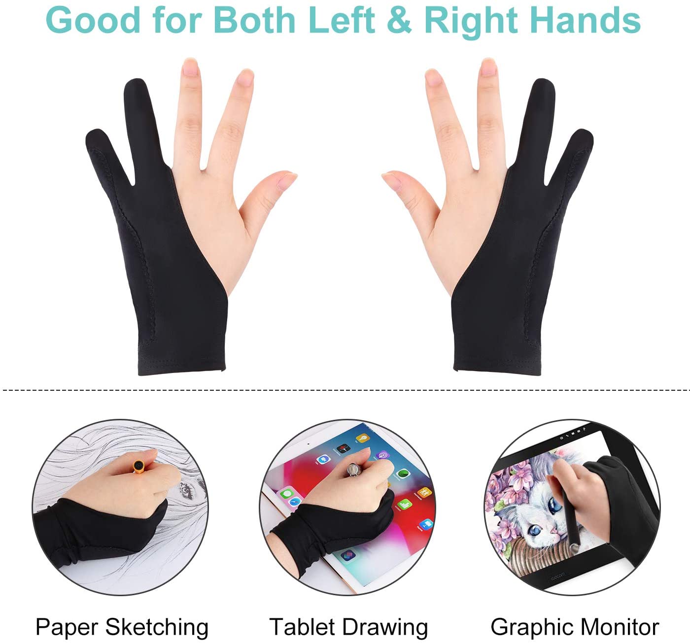 Gants de dessin à rejet de paume, 2 pièces, pour artistes, pour stylo, affichage, papier, peinture artistique, croquis, tablette graphique iPad