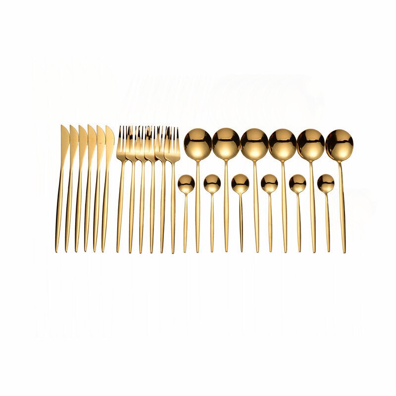 24 pçs conjunto de talheres de ouro 18/10 talheres de aço inoxidável conjunto faca garfo colher conjunto de utensílios de mesa máquina de lavar louça louça segura conjunto caixa de presente: gold