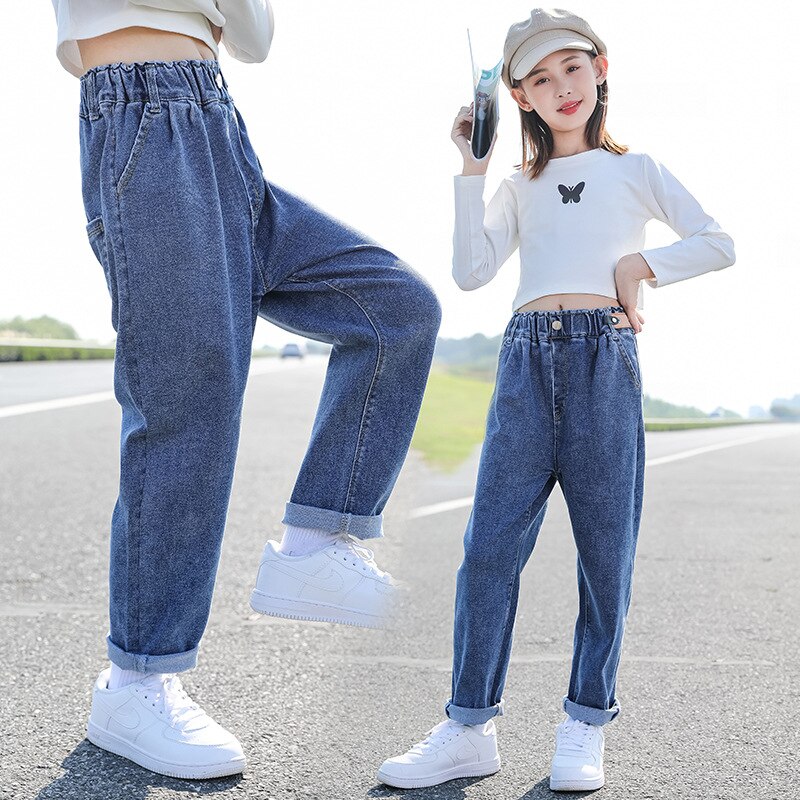 Girls Jeans Old Father Pants Spring Autumn Kids Causal Trousers For Teenagers Girl 110-160 Children's Clothes LC045