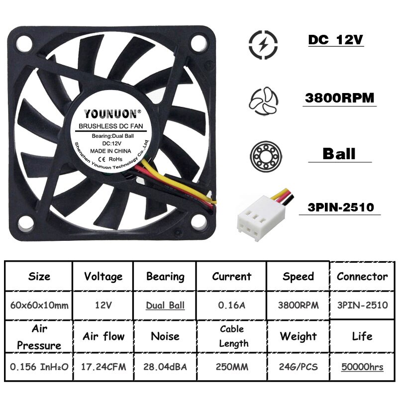 2 Stuks 5V 12V 24V 60Mm 6010 Dc Fan 60X60X10Mm 6cm Cooling Koeler Fan Computer Pc Cpu Case Cooling Kogellager Fan: 6010 12V  Ball 3Pin