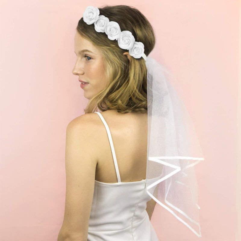 femmes mariée fleur cheveux couronne avec blanc mariage voile bandeau couronne réglable à lacets ruban Bachelorette partie