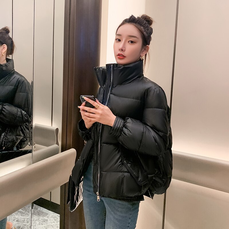 Solide Col Montant Courtes Oversize Veste Hiver Femme Doudoune Mat Parkas Épaissir Fermeture Éclair Décontracté Outwear Femmes: Black / XL