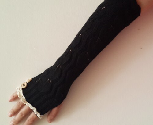 solid Lace knitted Fingerless Gloves Ballet Dance button glove burn out long Arm Warmers 7 colors #3706: black