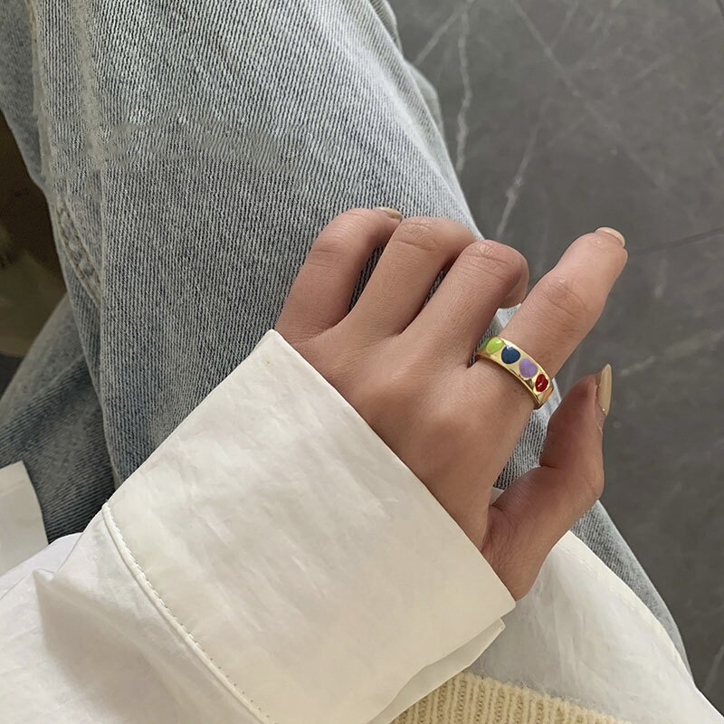 neue Jahrgang Böhmen Bunte Emaille Liebe Herz Ring Nette Einfache Metall Gold Silber Farbe Ringe für Frauen Stimmung Ring