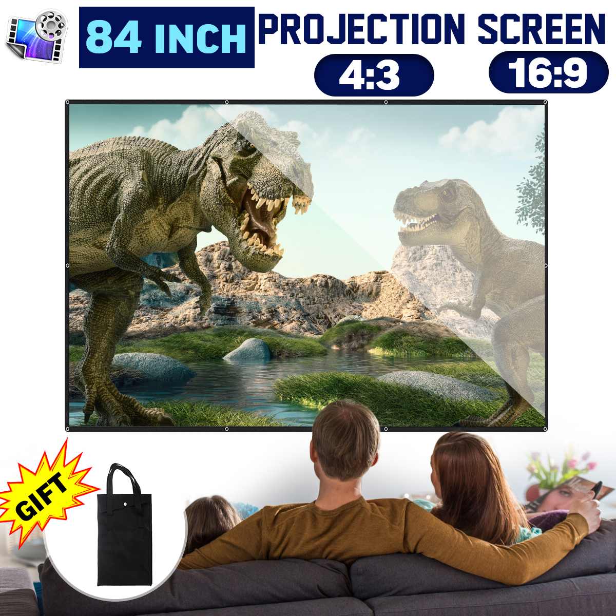 Projector Screen 16:9 84 inch Portable Foldable Projector 3D HD Wall Mounted Projection Screen for Home Theater Indoor Outdoor