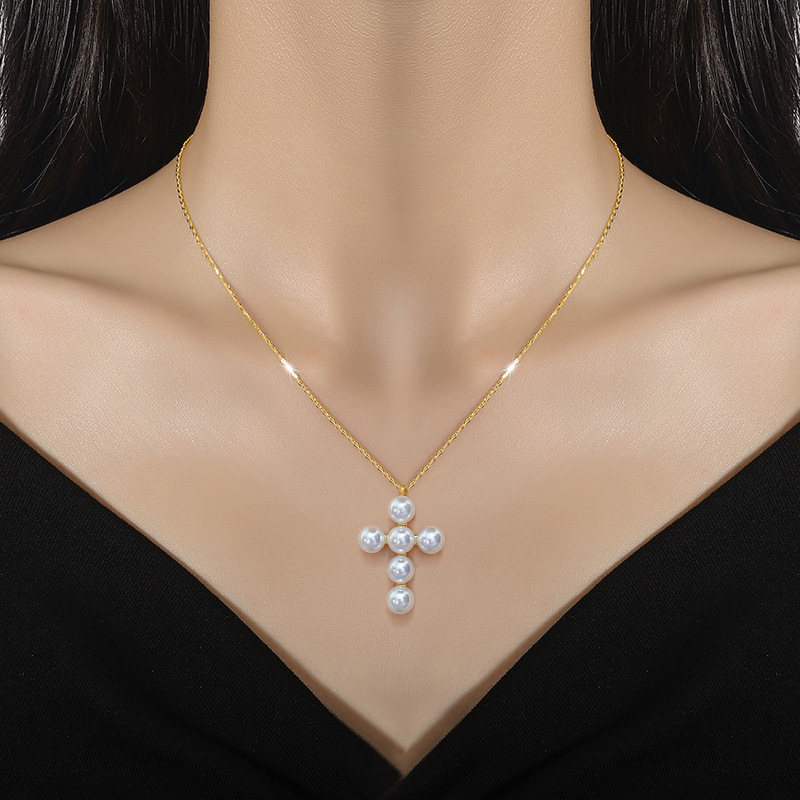 Klassieke Persoonlijkheid Romantische Witte Parel Kruis Ketting Prachtige Christelijke Roestvrijstalen Sleutelbeen Ketting Hanger
