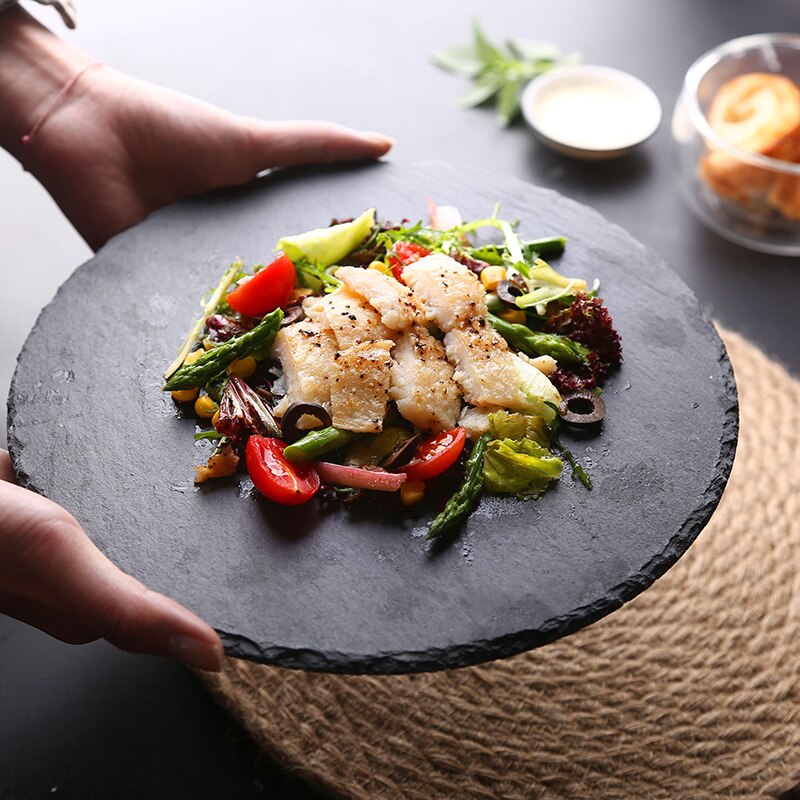 Circular Texture matte black premium rock stone steak western dinner plate luxury feel