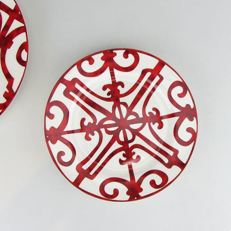 Juego de vajilla roja de hueso español, juego de platos y tazas de café