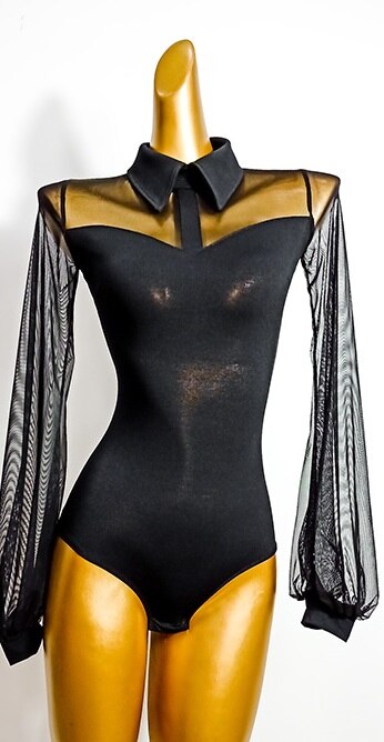 Ballroom Dress Black Sexy Perspective Mesh Standard Dance Dresses Waltz Stage Wear Flamenco Festival Clothing Rave Outfit DN5933: Tops / L