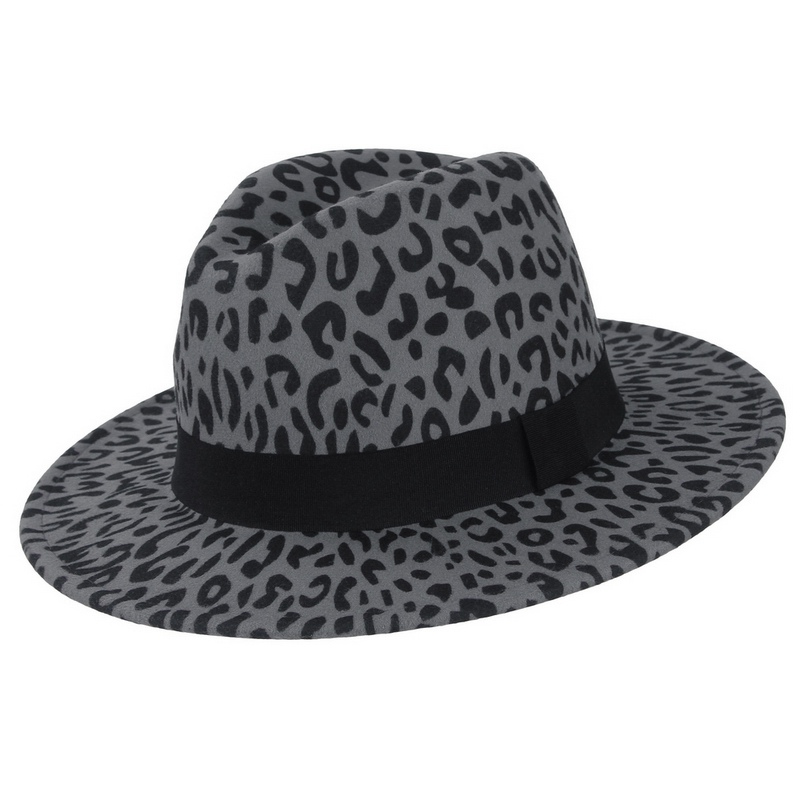 Gemvie bred skygge leoparduld fedora filthue til kvinder varm vinter panama hat jazz kasket med bånd: Grå