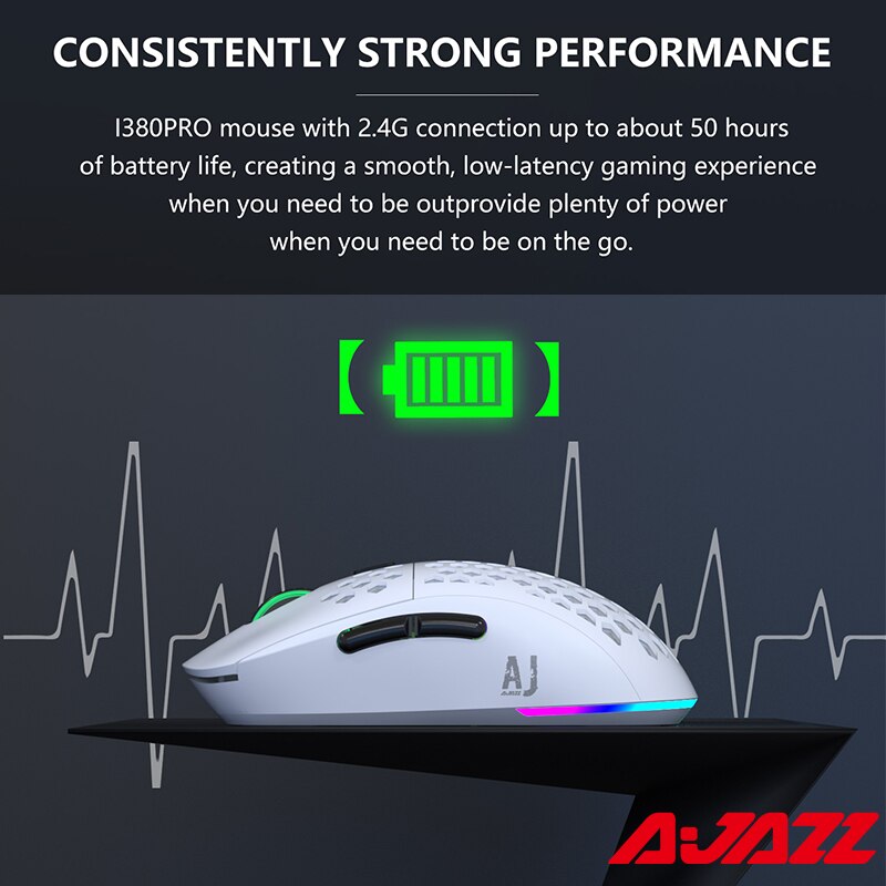 Ajazz  i380 pro 2.4g trådløs spillmus 10000 dpi pmw 3325 sensor Dobbel modus mus oppladbar honningkake bærbare mus til bærbar pc