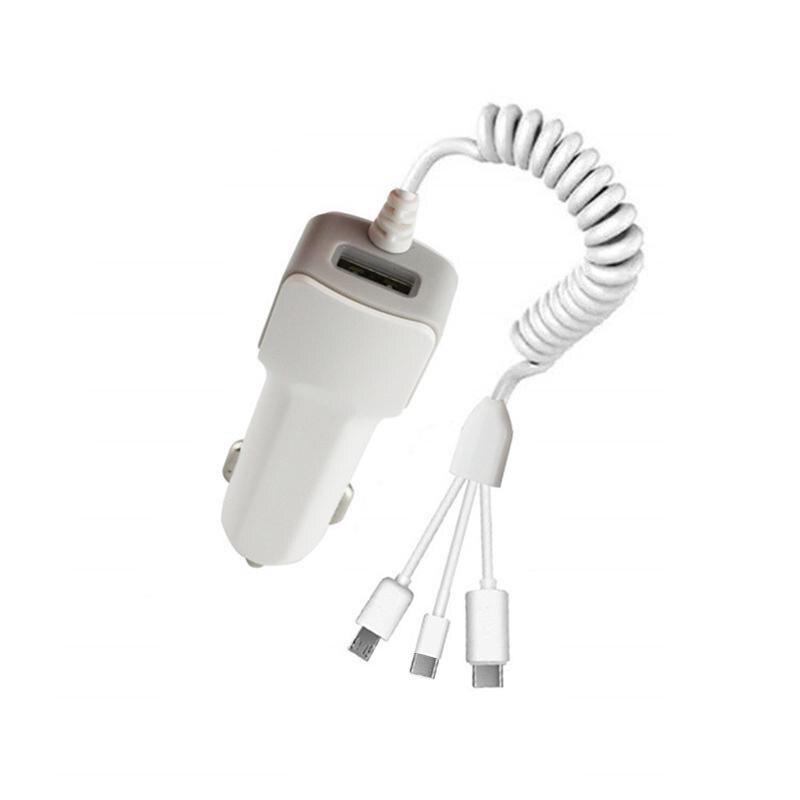 Fast Car Charger 3 In 1 Splitter Usb Charger Kabel Voor Iphone Micro Usb Android Telefoons Type-C Telescopische auto Opladen Adapter: White