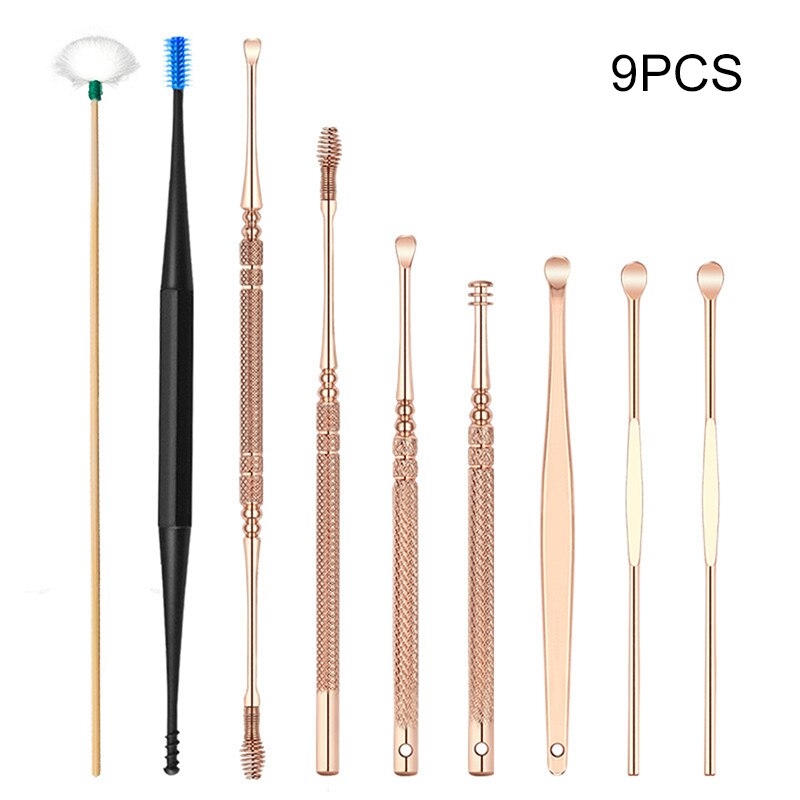 Oor Cleaner Kits Rvs Earpick Wax Remover Curette Veer Oor Pick Oor Schoner Lepel Spiraal Oor Schoon Tool S: 9pcs rose gold