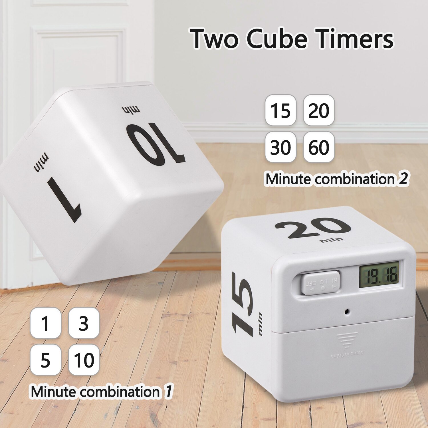2Pcs White Cube Timers Gravity Sensor Flip Timer Kids Timer Workout Game Timer for Time Management 1/3/5/10/15/2/30/ 60 Minutes