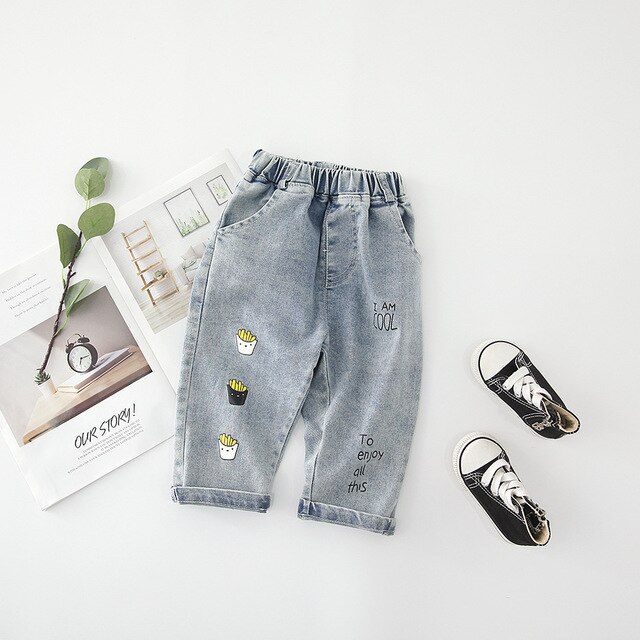 Unisex barn jeans casual popcorn tryck elastisk midja jeansbyxor koreanska tjejer höstbyxor pojkar jeans 1 2 3 4 5 år