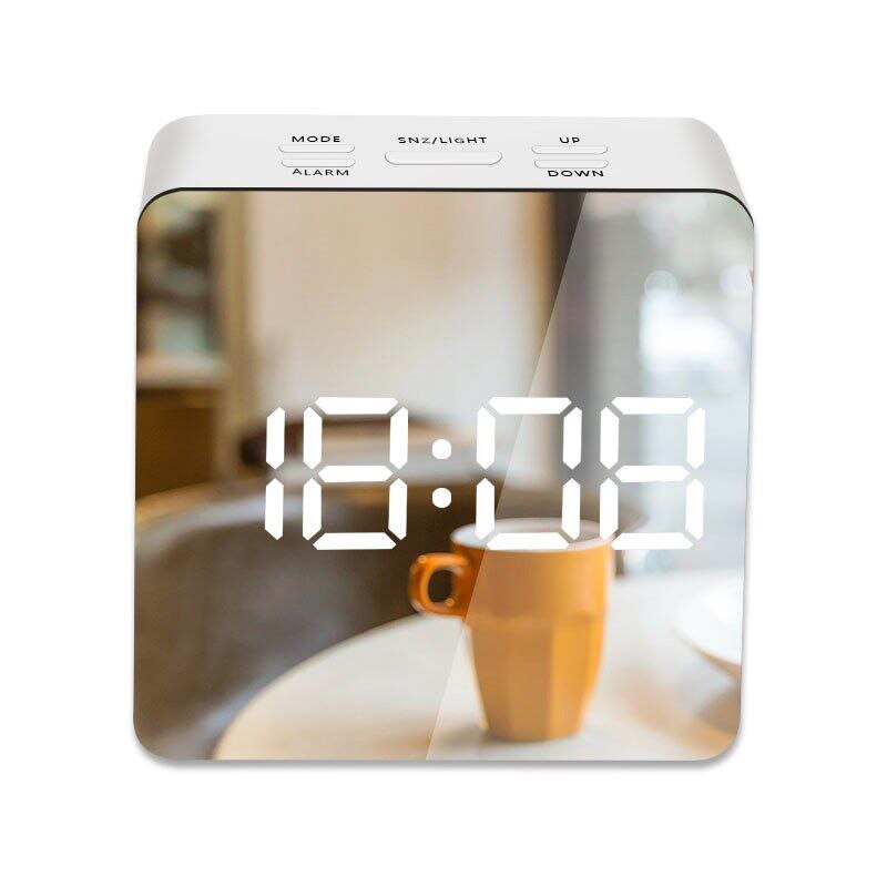 Mirror LED Clock LED Mirror Alarm Clock with Dimmer Snooze Temperature Function for Bedroom Office Travel Digital Home: square white