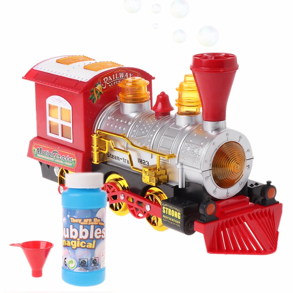Leuke Trein Elektrische Bubble Toy Batterij Aangedreven Locomotief Motor Met Licht Muziek Plastic Rode Auto
