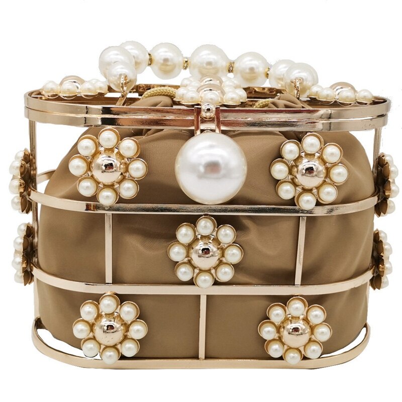 Perle Abend Kupplung Tasche, Aushöhlen Blumen Perlen metallisch für Frauen: khaki