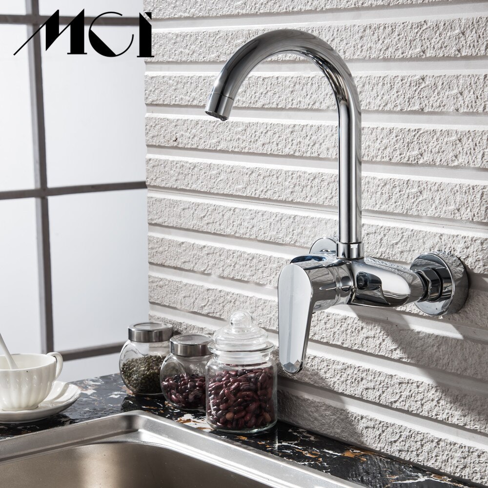 Chrome Dubbele Gaten Enkele Handgreep tap 360 Graden Rotatie Wall Mounted Koud en Warm Water Zuivering keuken kraan Mci
